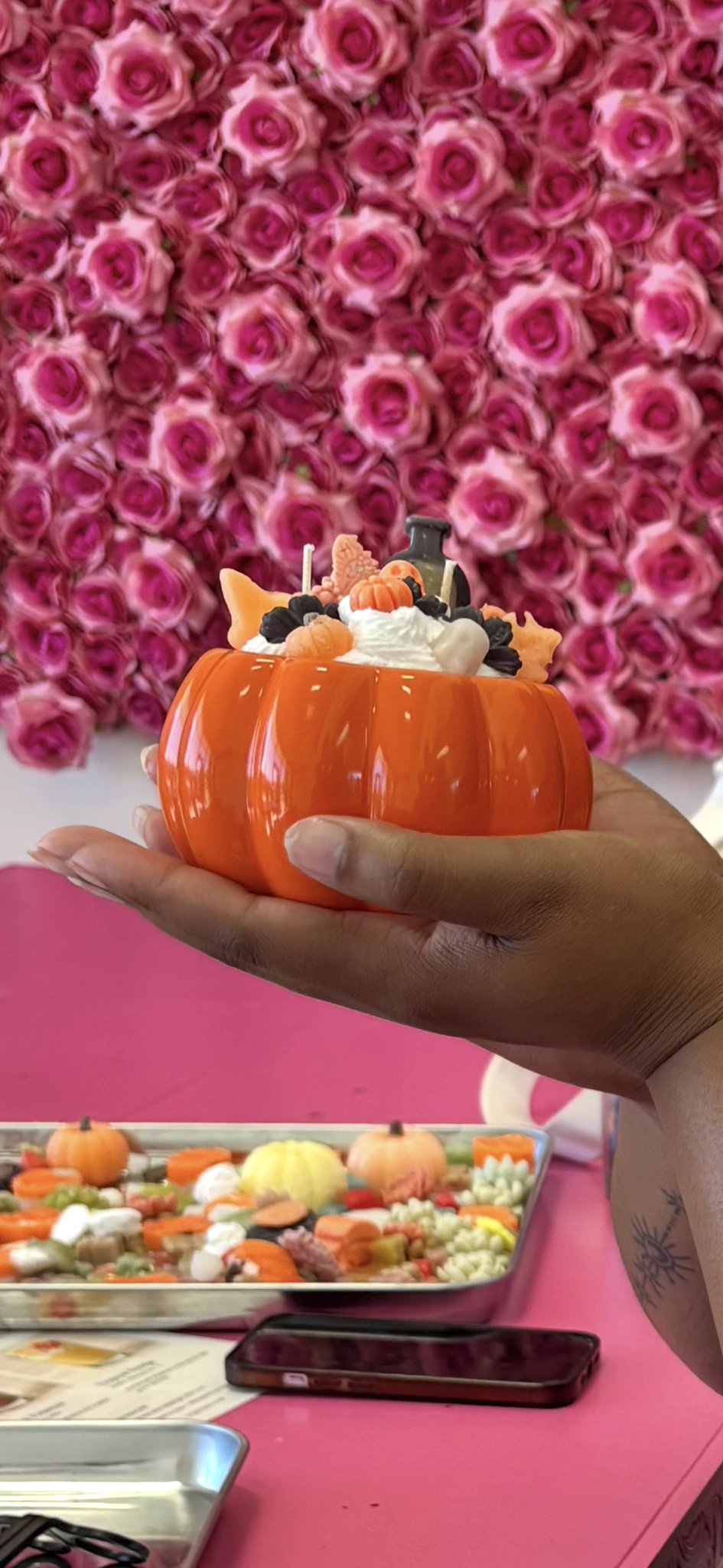 Studio 786 pumpkin-vessel dessert candle with whipped white wax