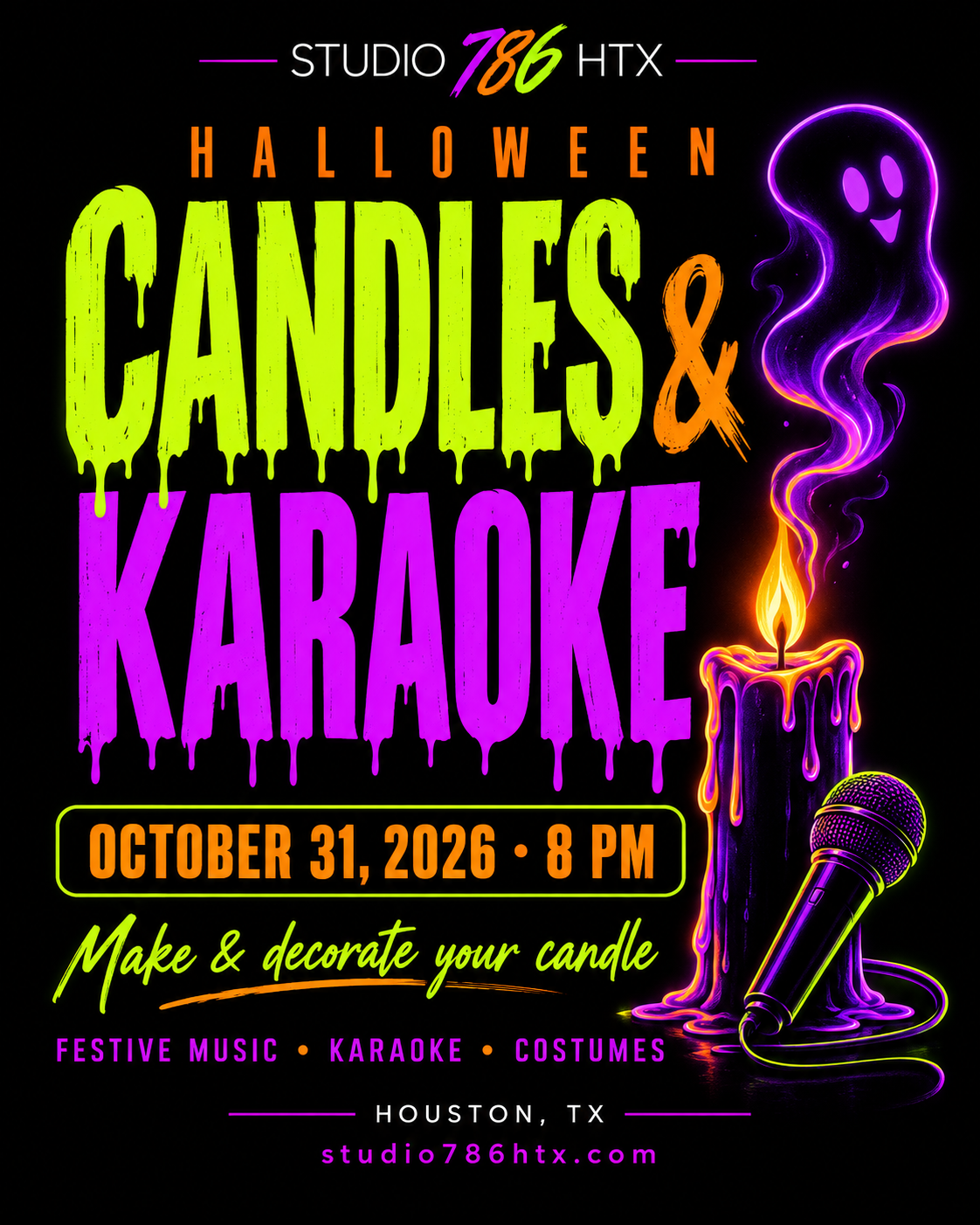 Halloween Candles and Karaoke flyer, October 31, 2026 at 8 PM at Studio 786 HTX