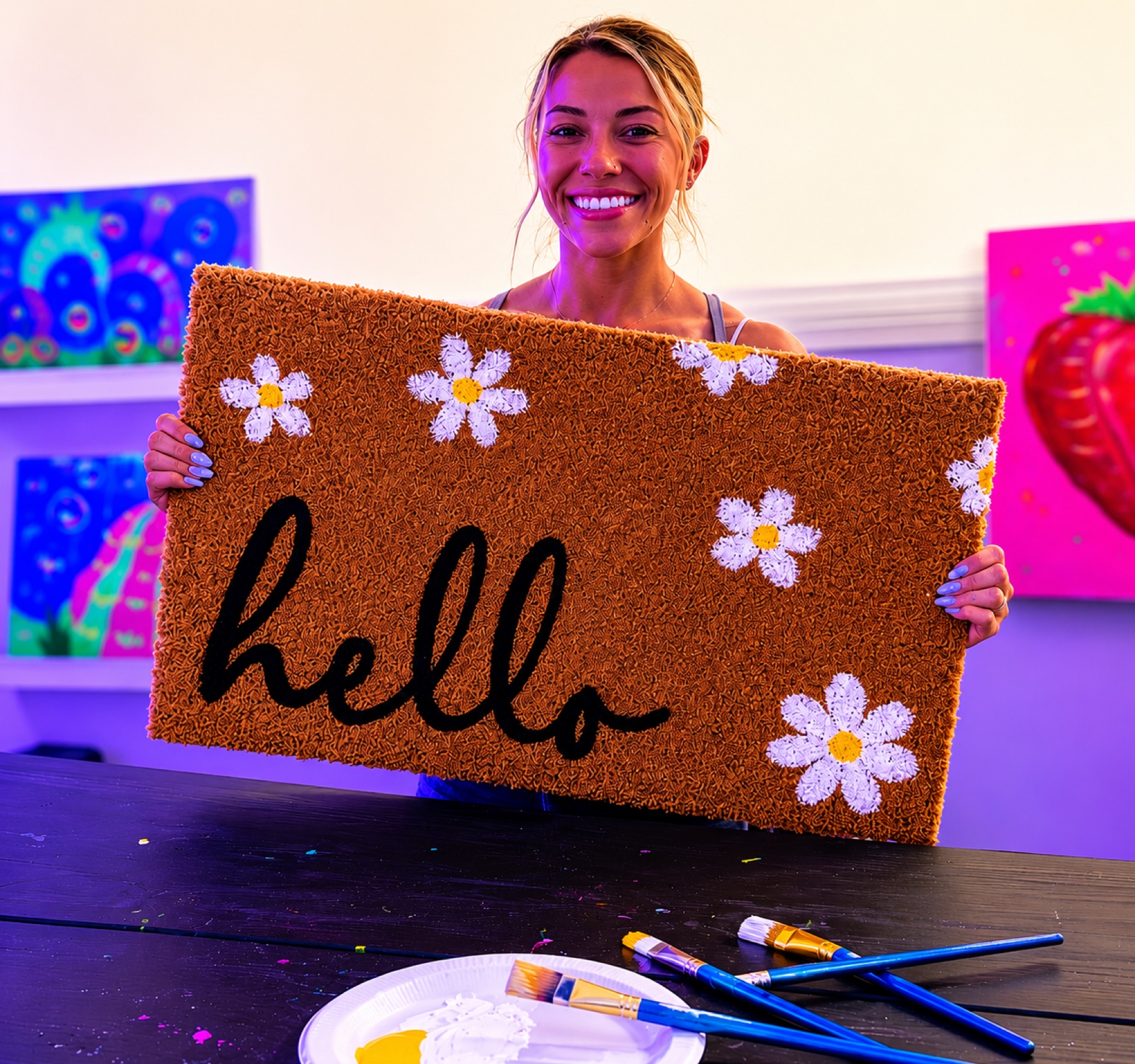 Guest displaying a floral hello doormat after a Houston painting class