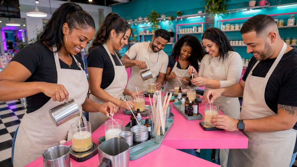Friends making custom candles together at a colorful Studio 786 workshop